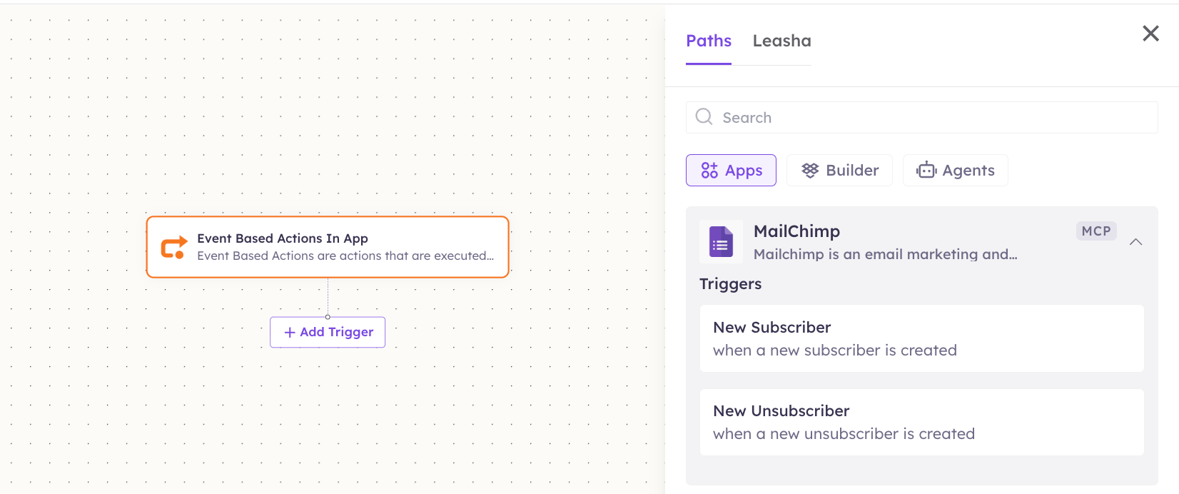 MailChimp triggers in the Apps panel