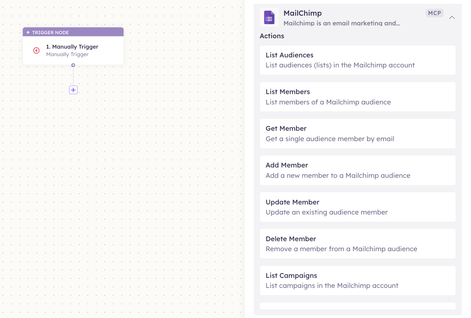 MailChimp actions in the Apps panel