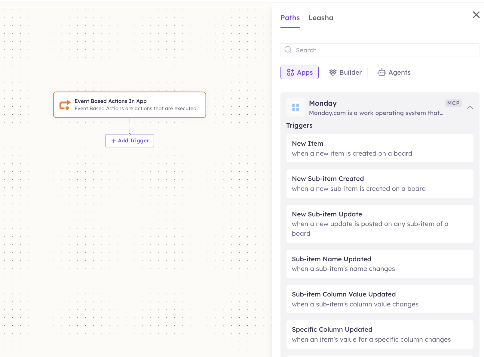 monday.com triggers in the Apps panel