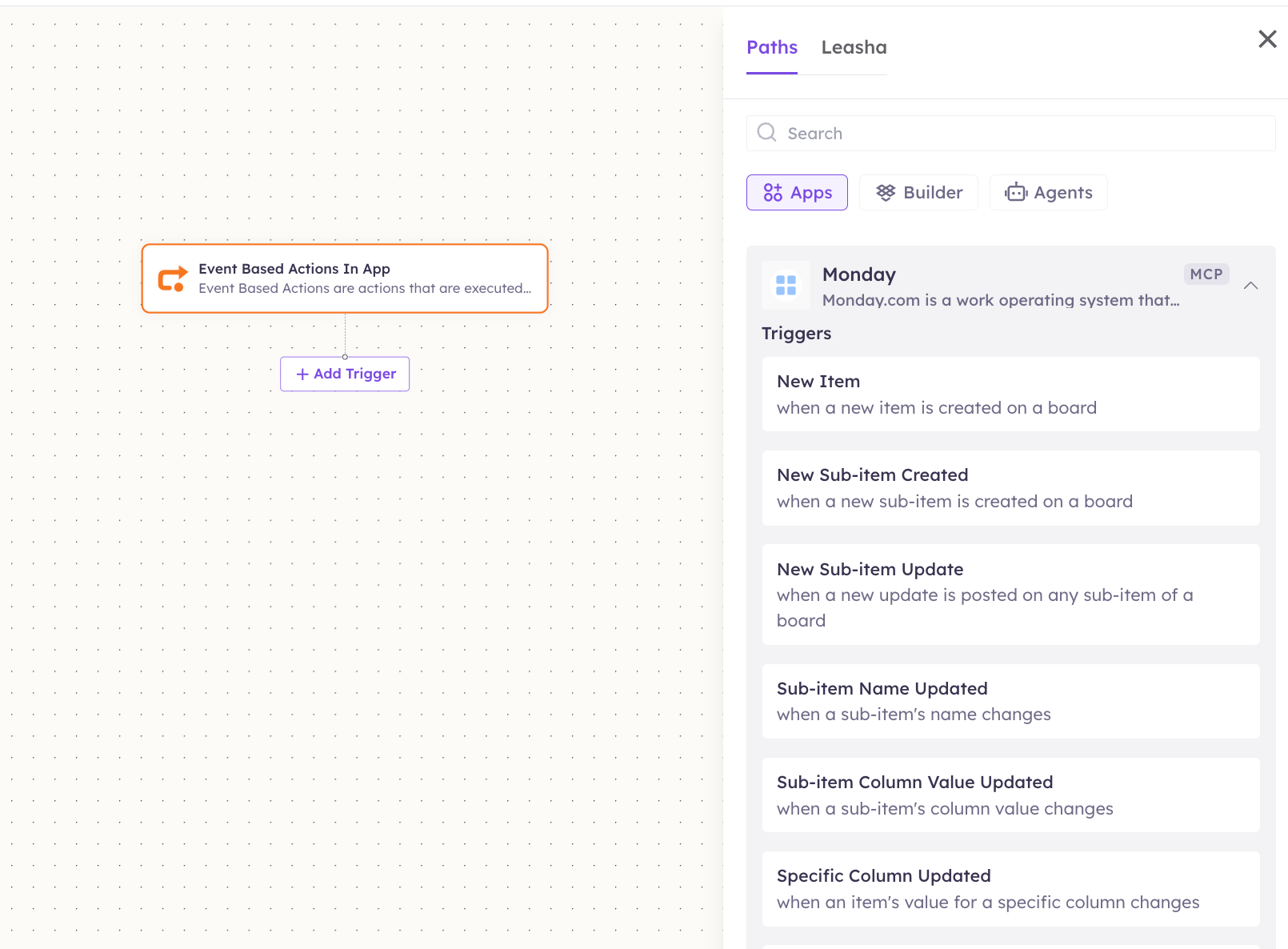 monday.com triggers in the Apps panel