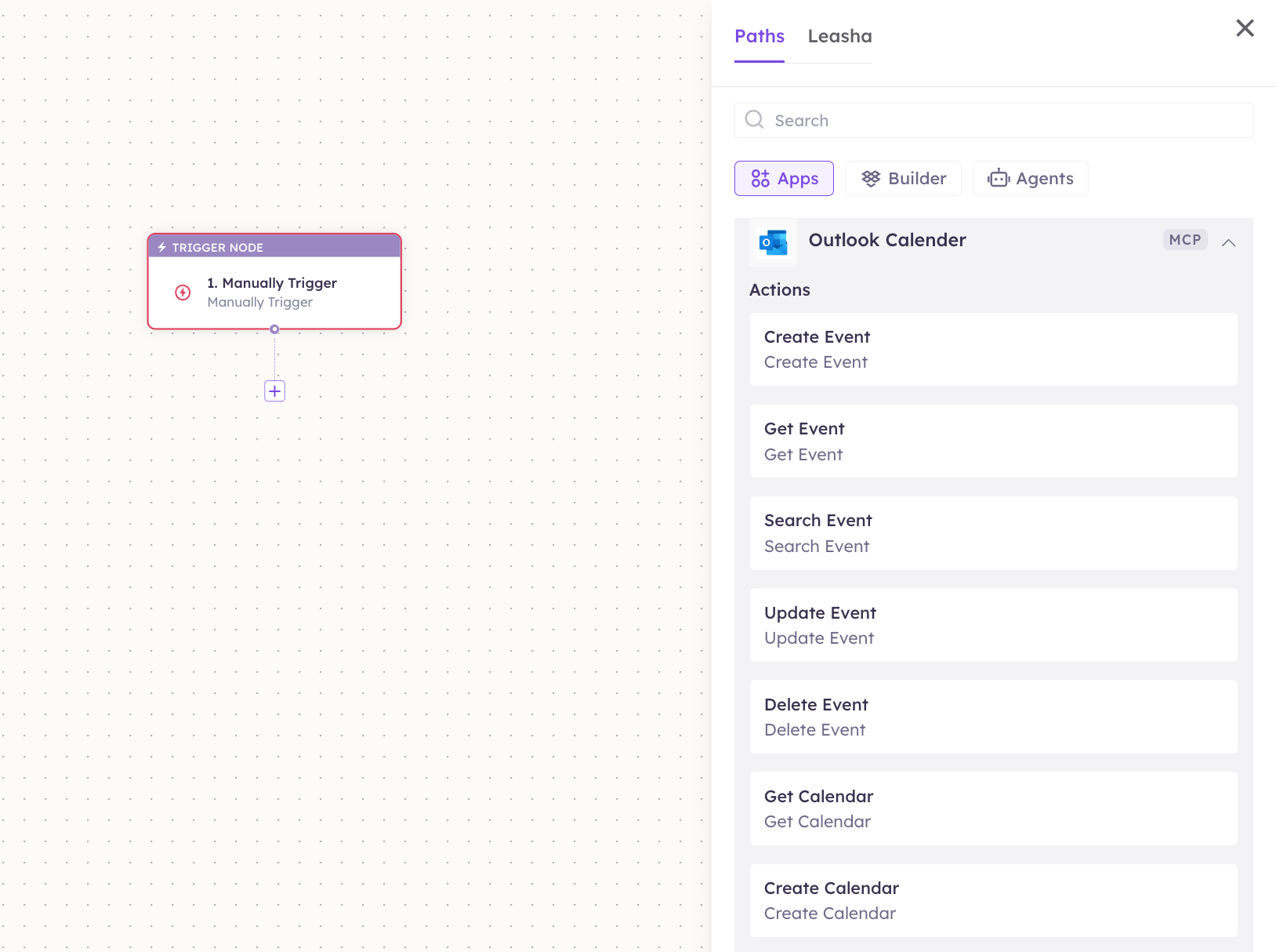 Outlook Calendar actions in the Apps panel