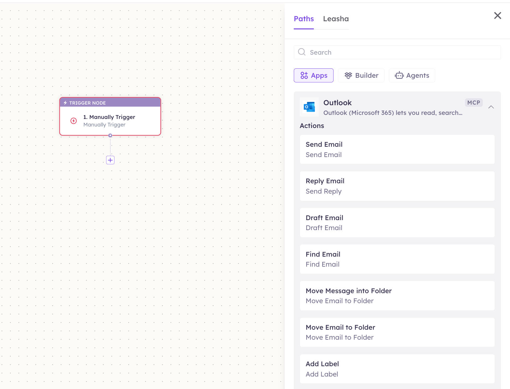 Outlook actions in the Apps panel