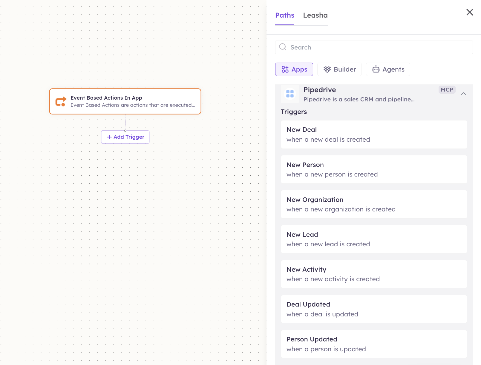 Pipedrive triggers in the Apps panel