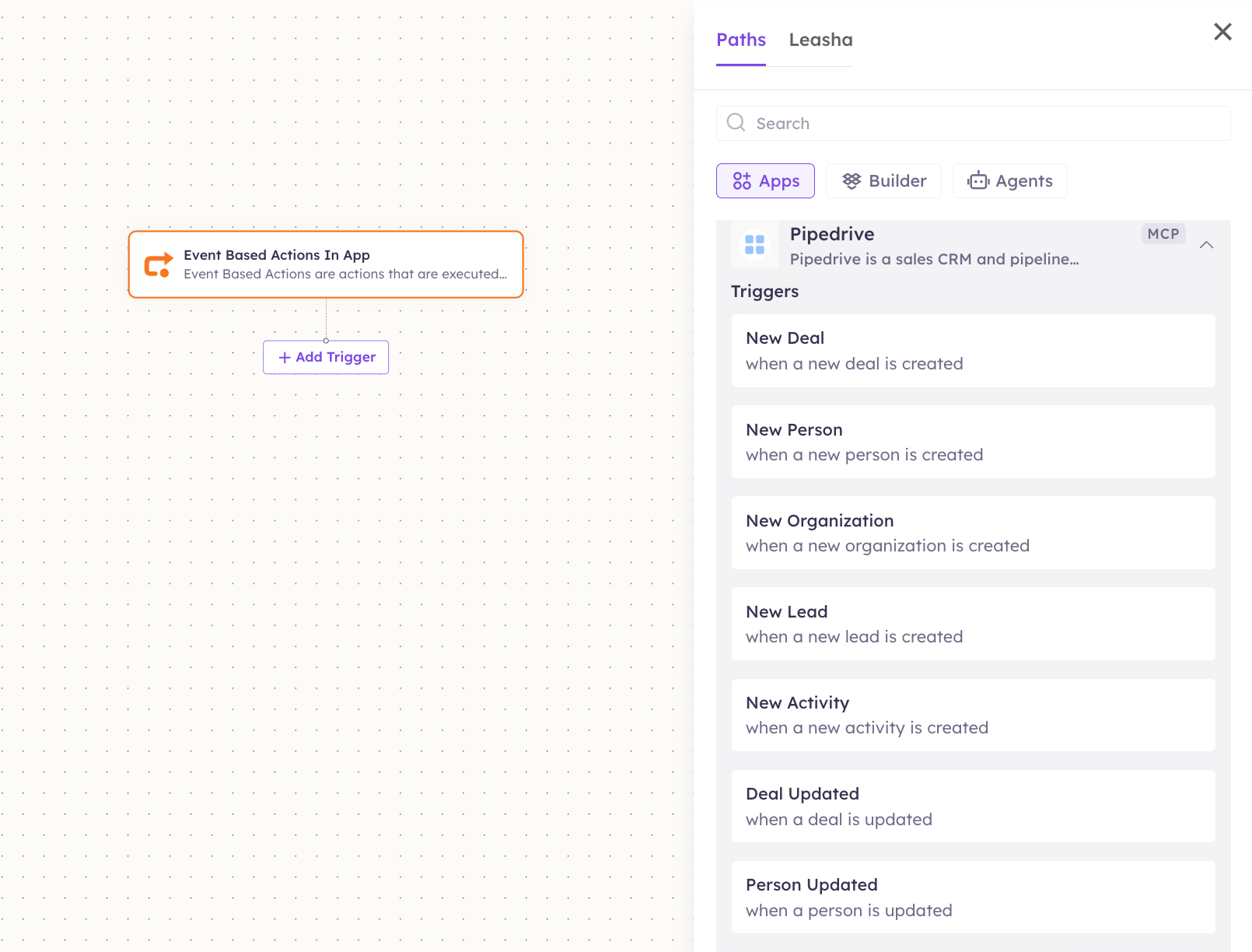 Pipedrive triggers in the Apps panel