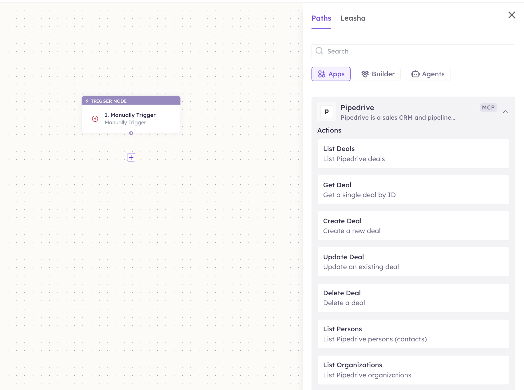 Pipedrive actions in the Apps panel