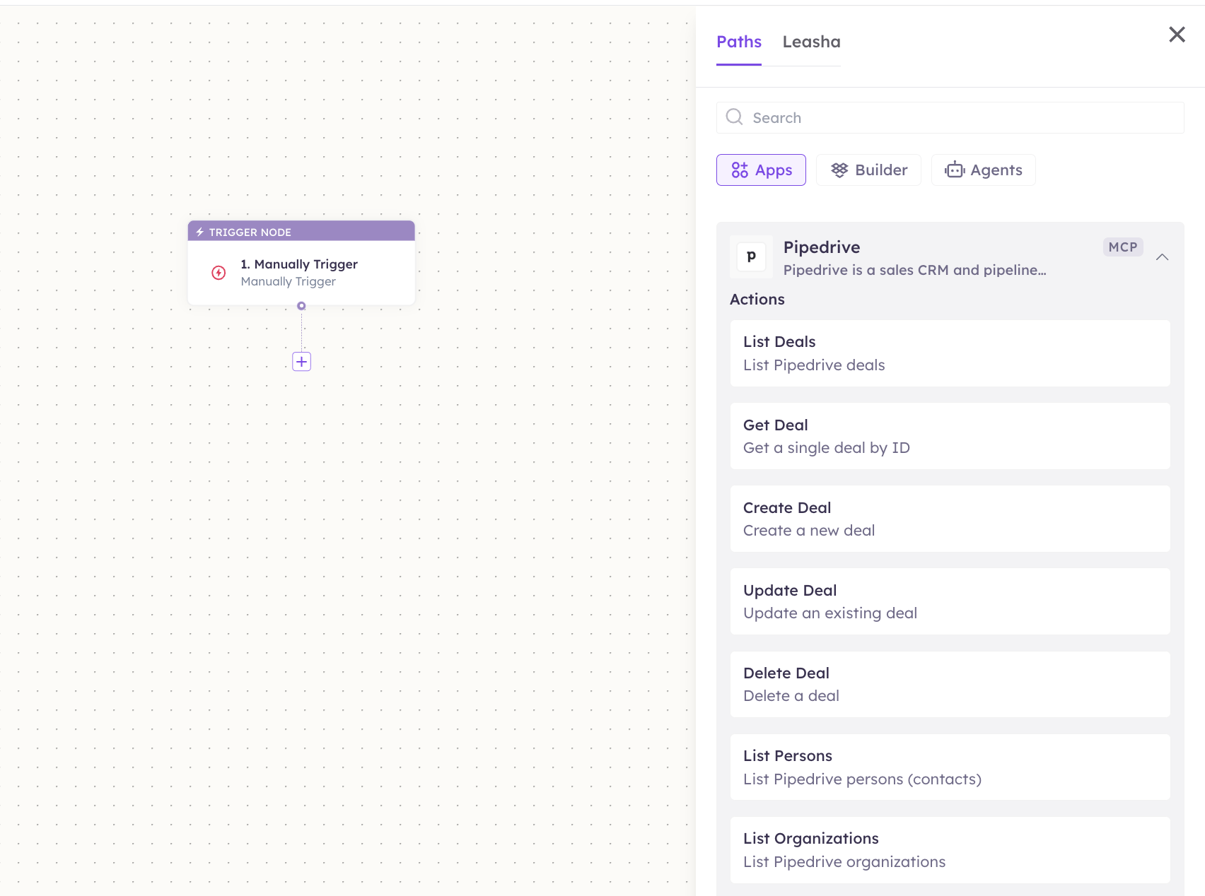 Pipedrive actions in the Apps panel