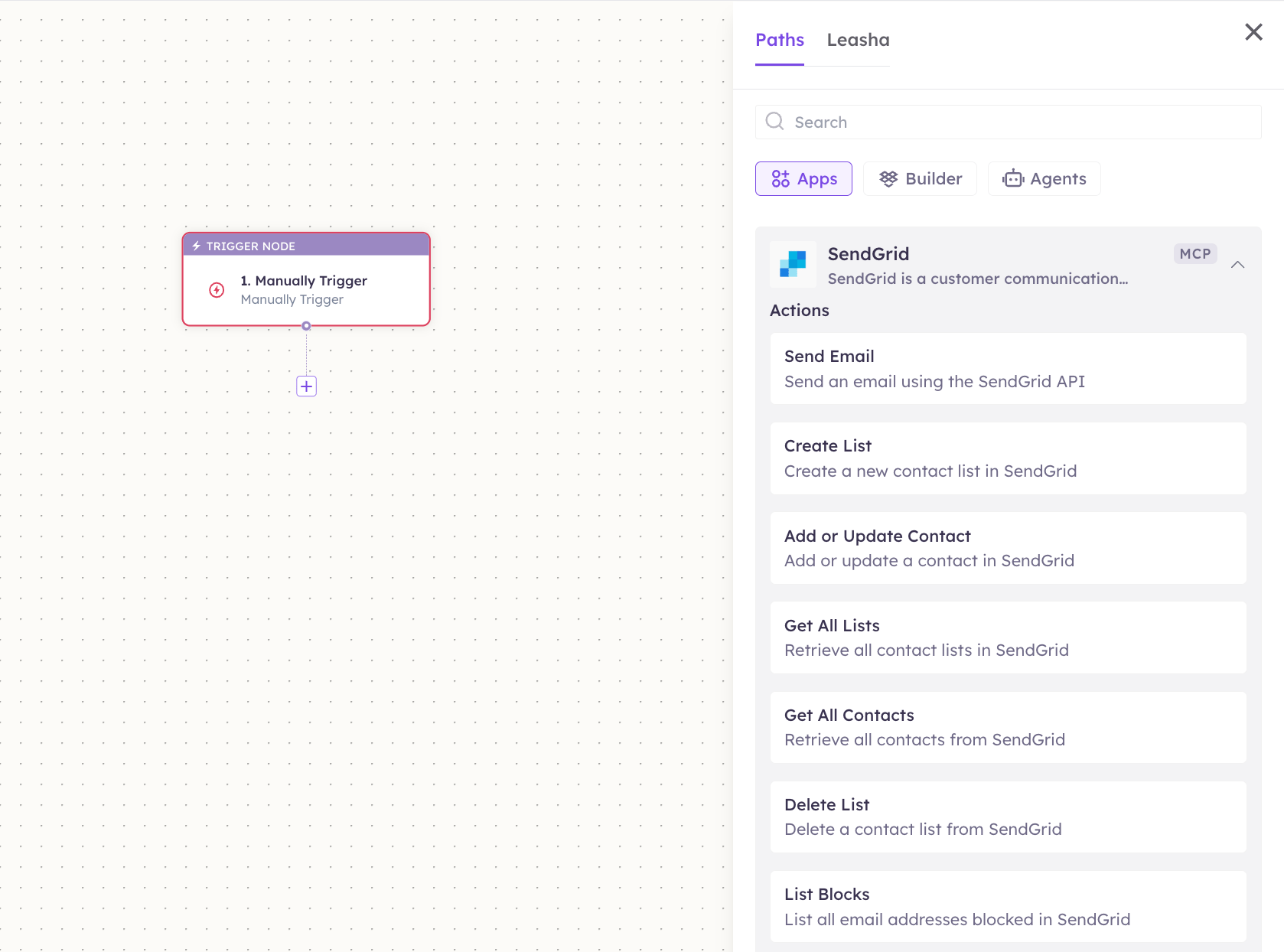 SendGrid actions in the Apps panel