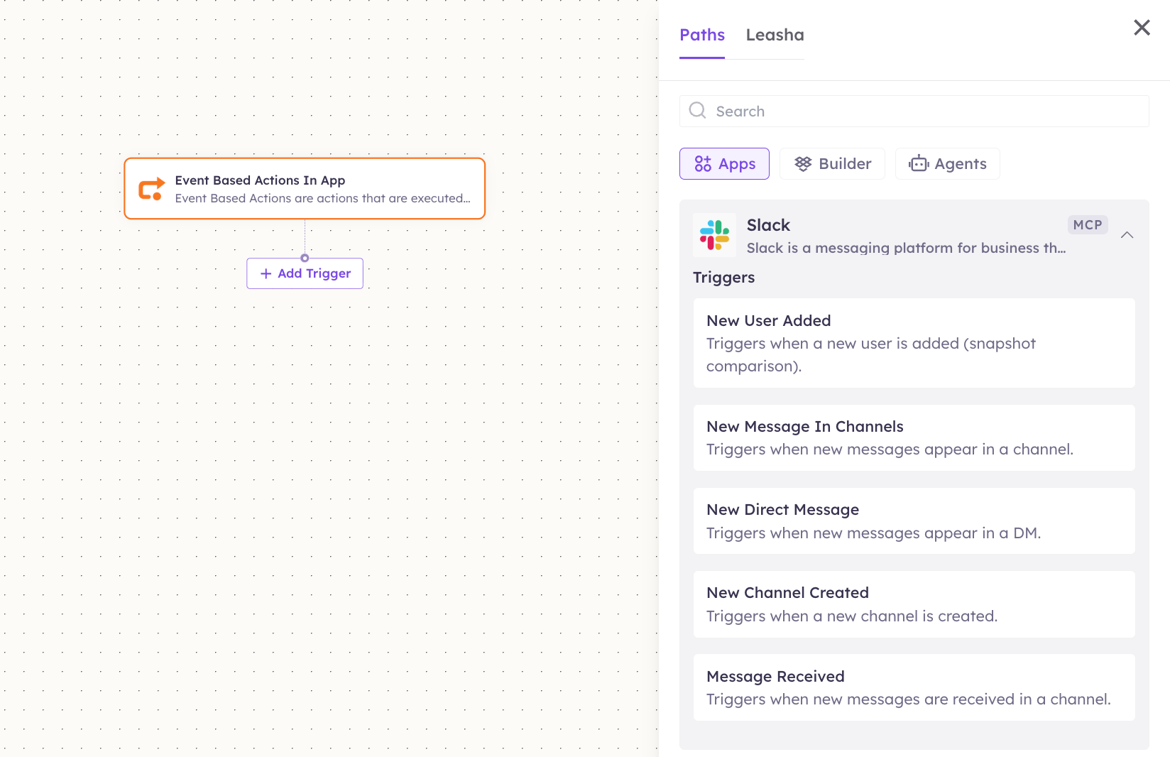 Slack triggers in the Apps panel