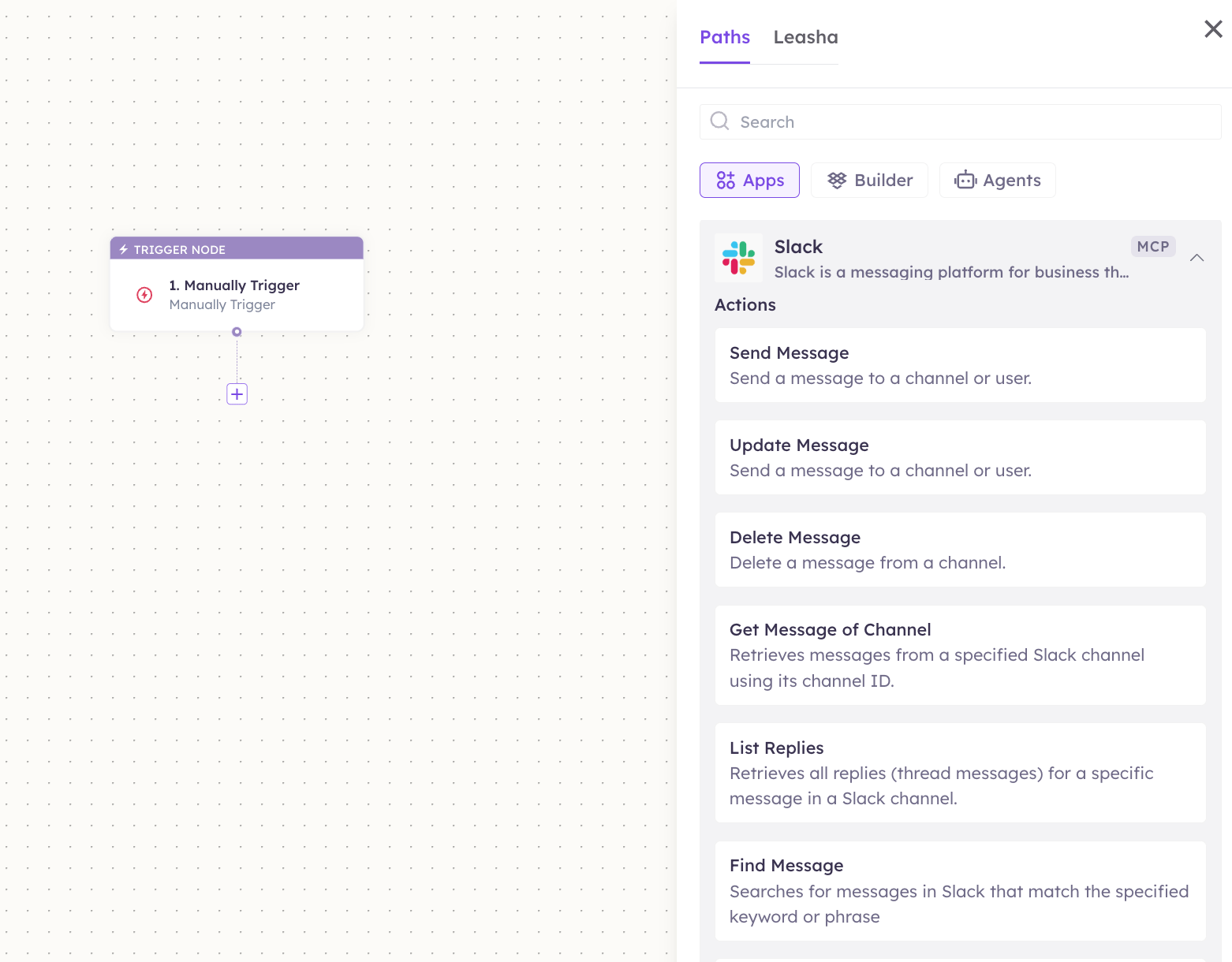 Slack actions in the Apps panel