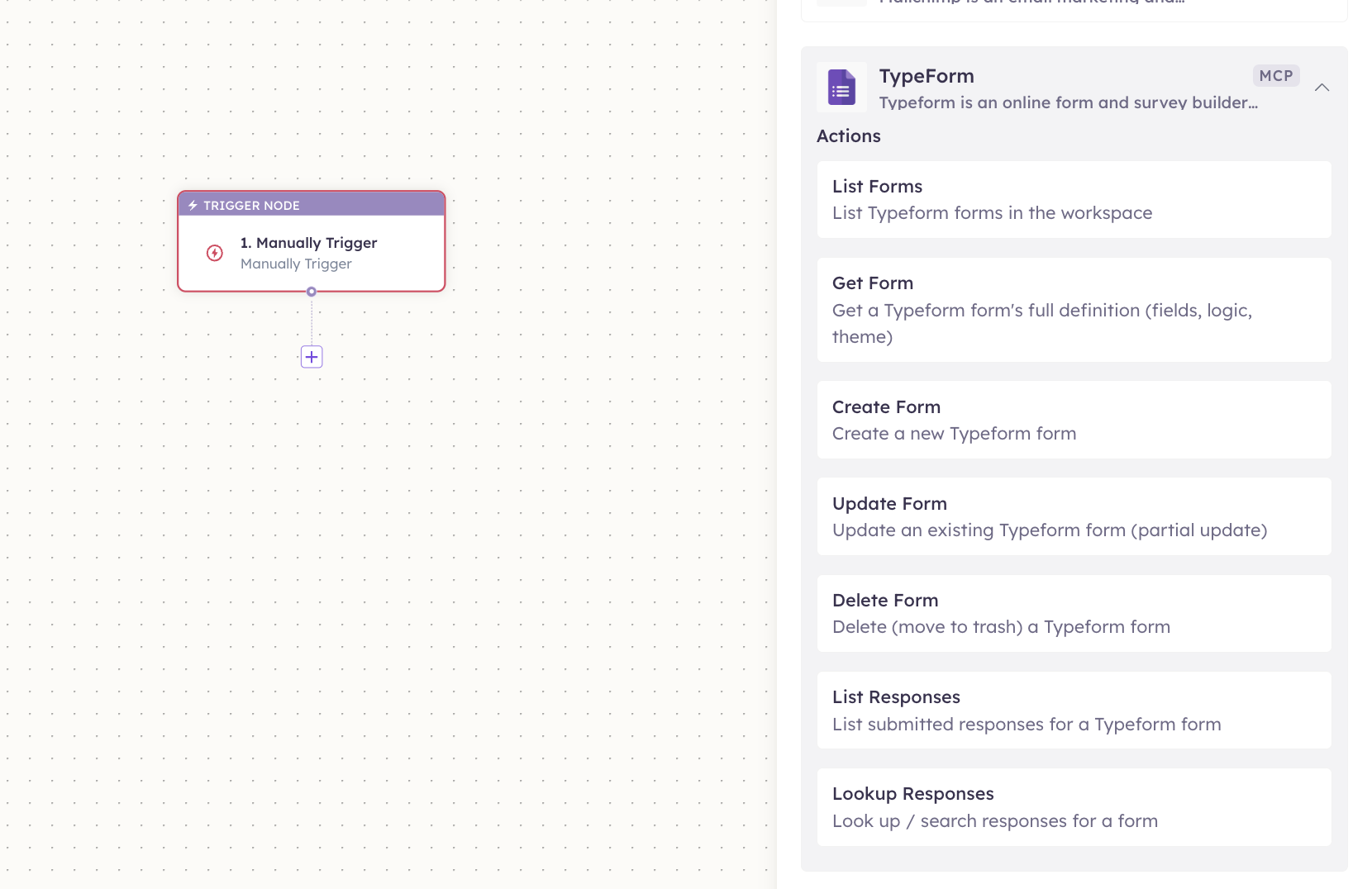 Typeform actions in the Apps panel