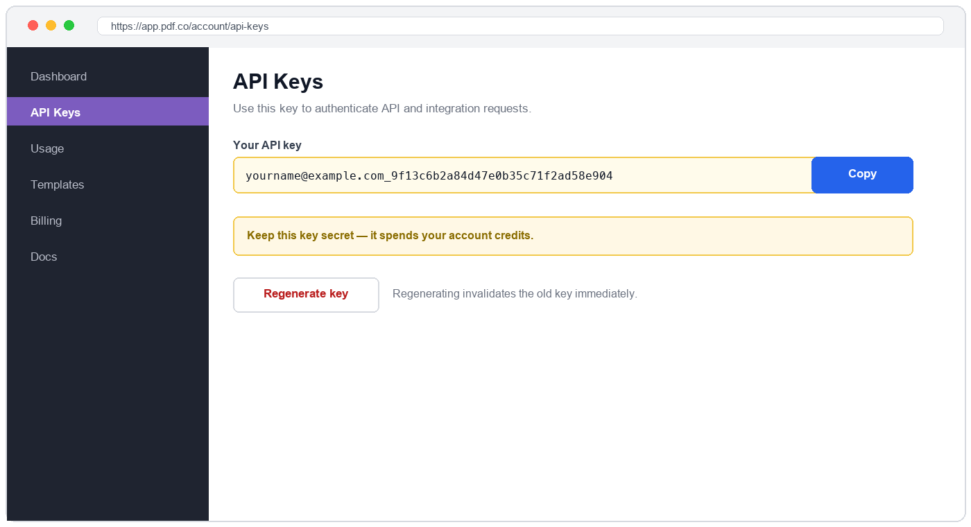 PDF.co dashboard showing the API key and Copy button