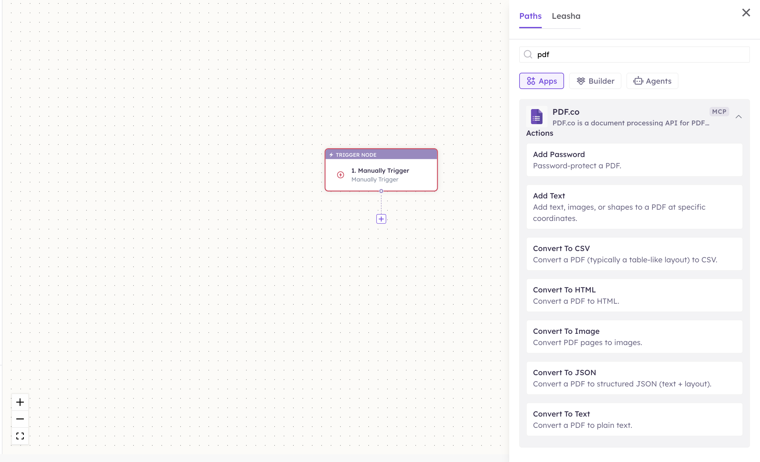 PDF.co actions in the Apps panel