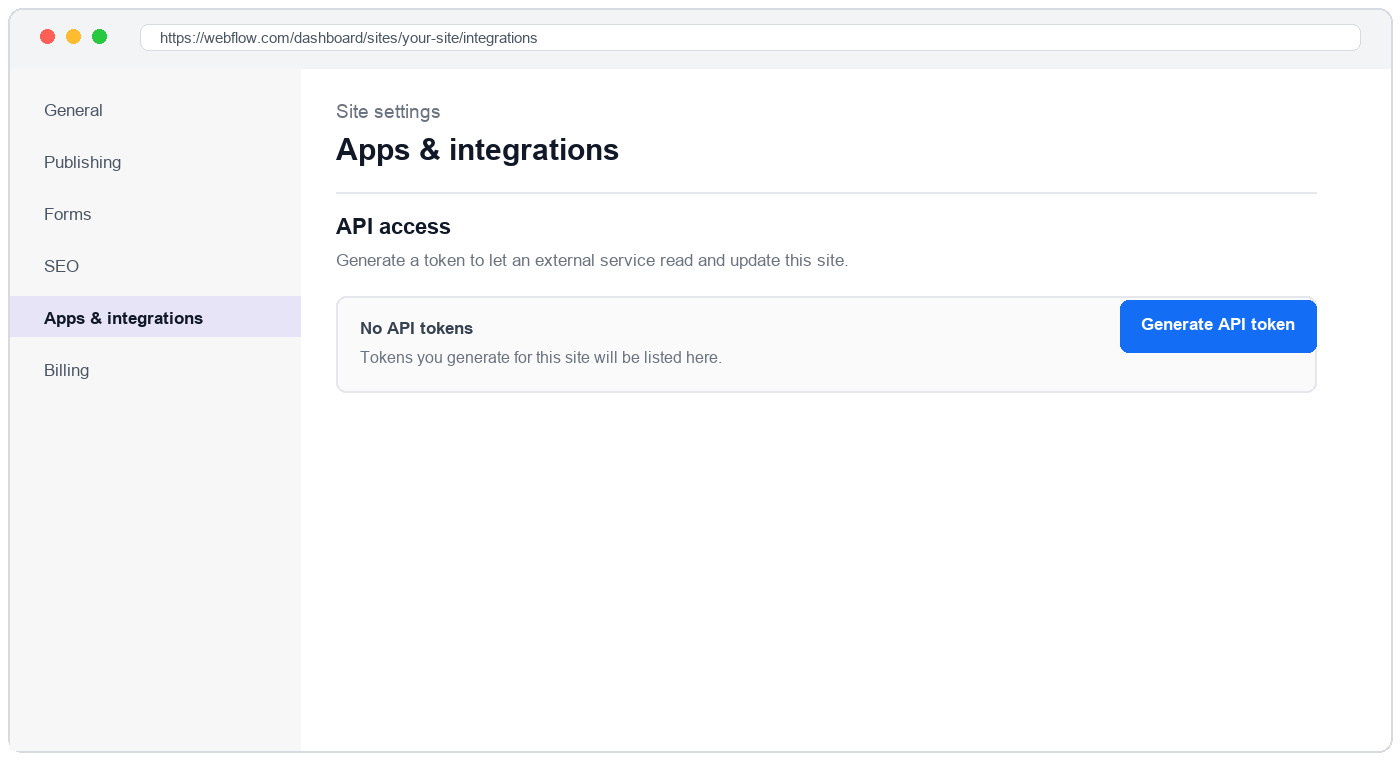 Webflow Site settings → Apps & integrations → API access