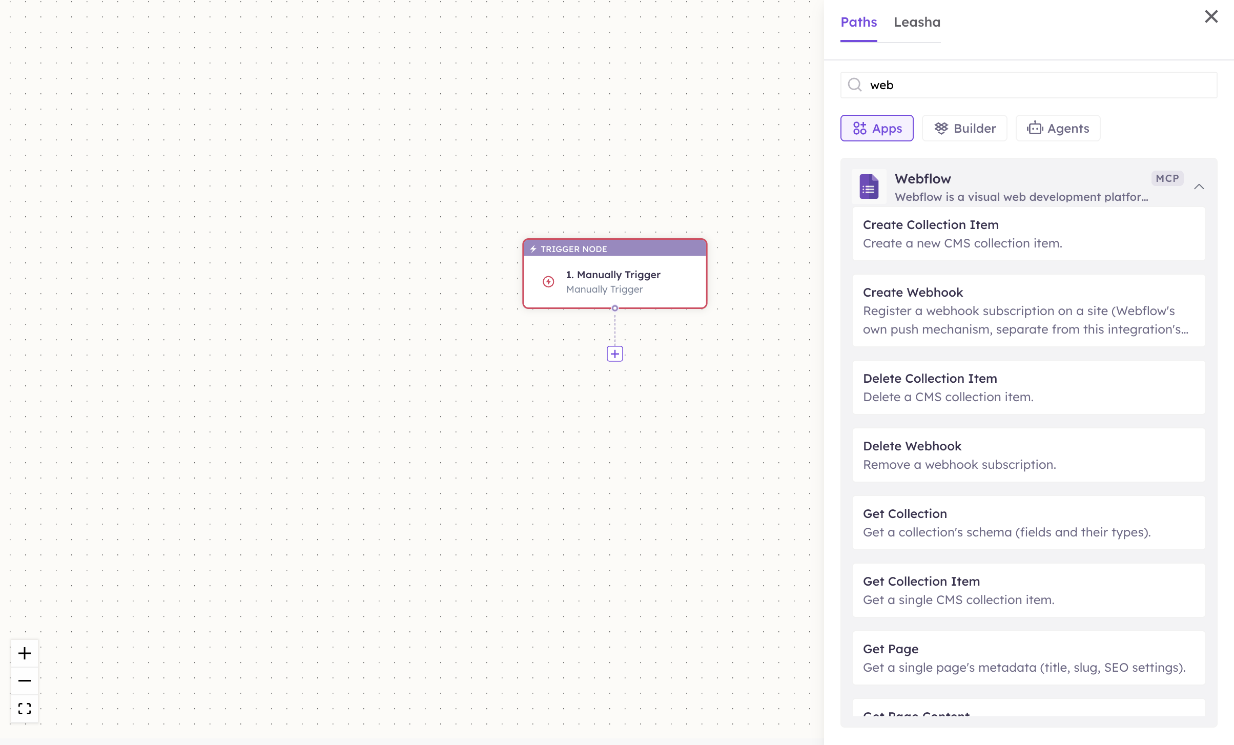 Webflow actions in the Apps panel