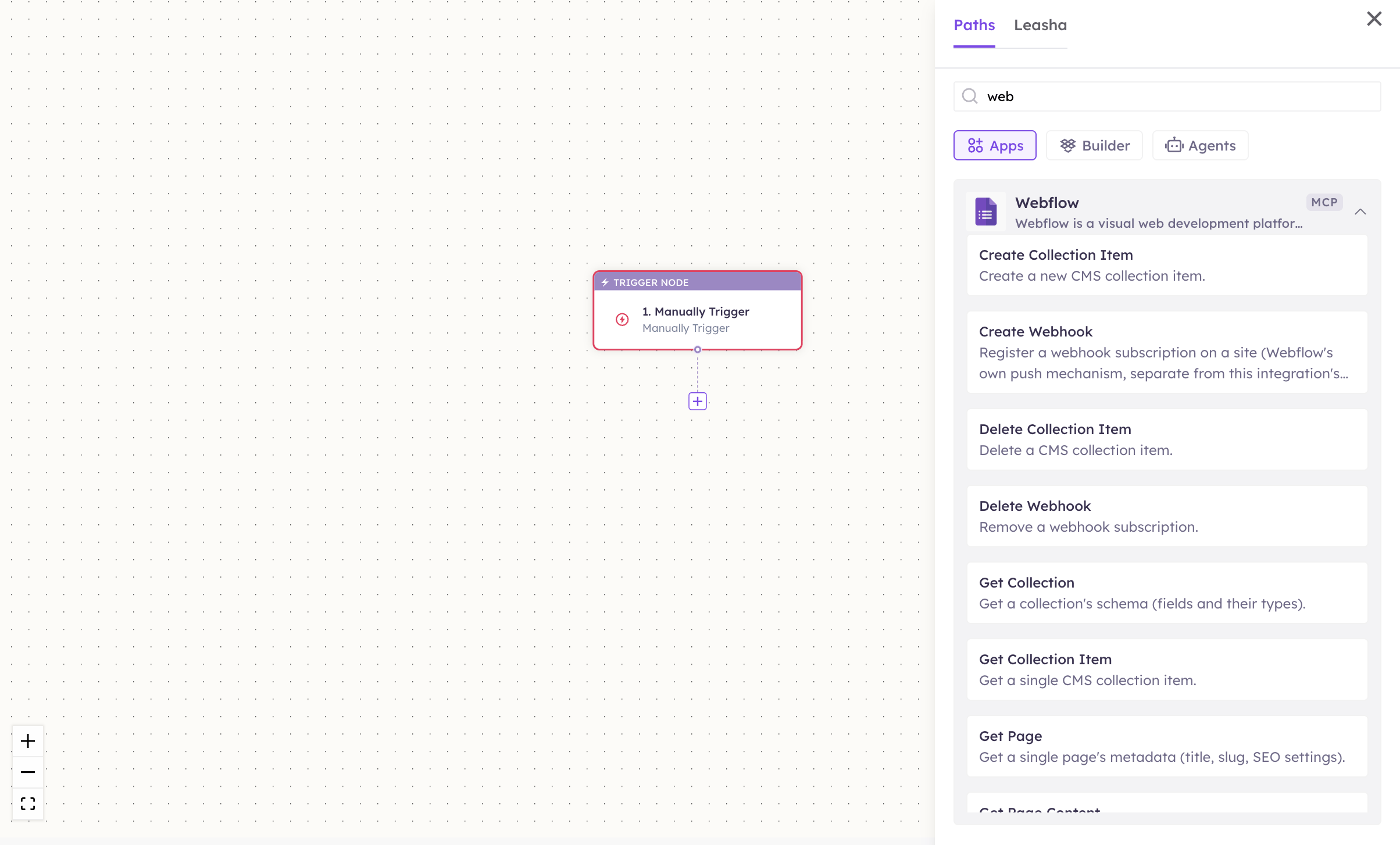 Webflow actions in the Apps panel