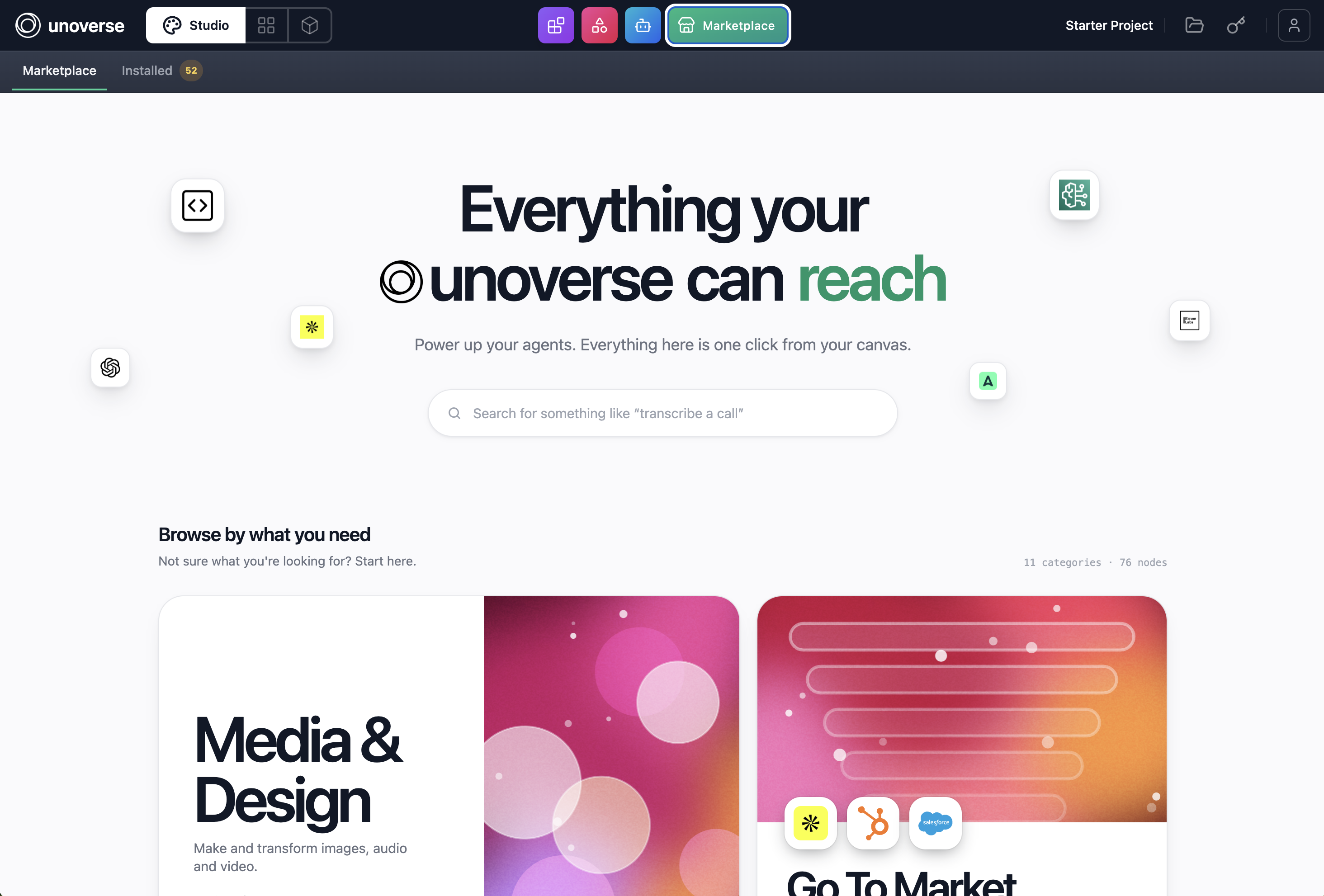 The Marketplace open in Studio, with the search box and the category grid