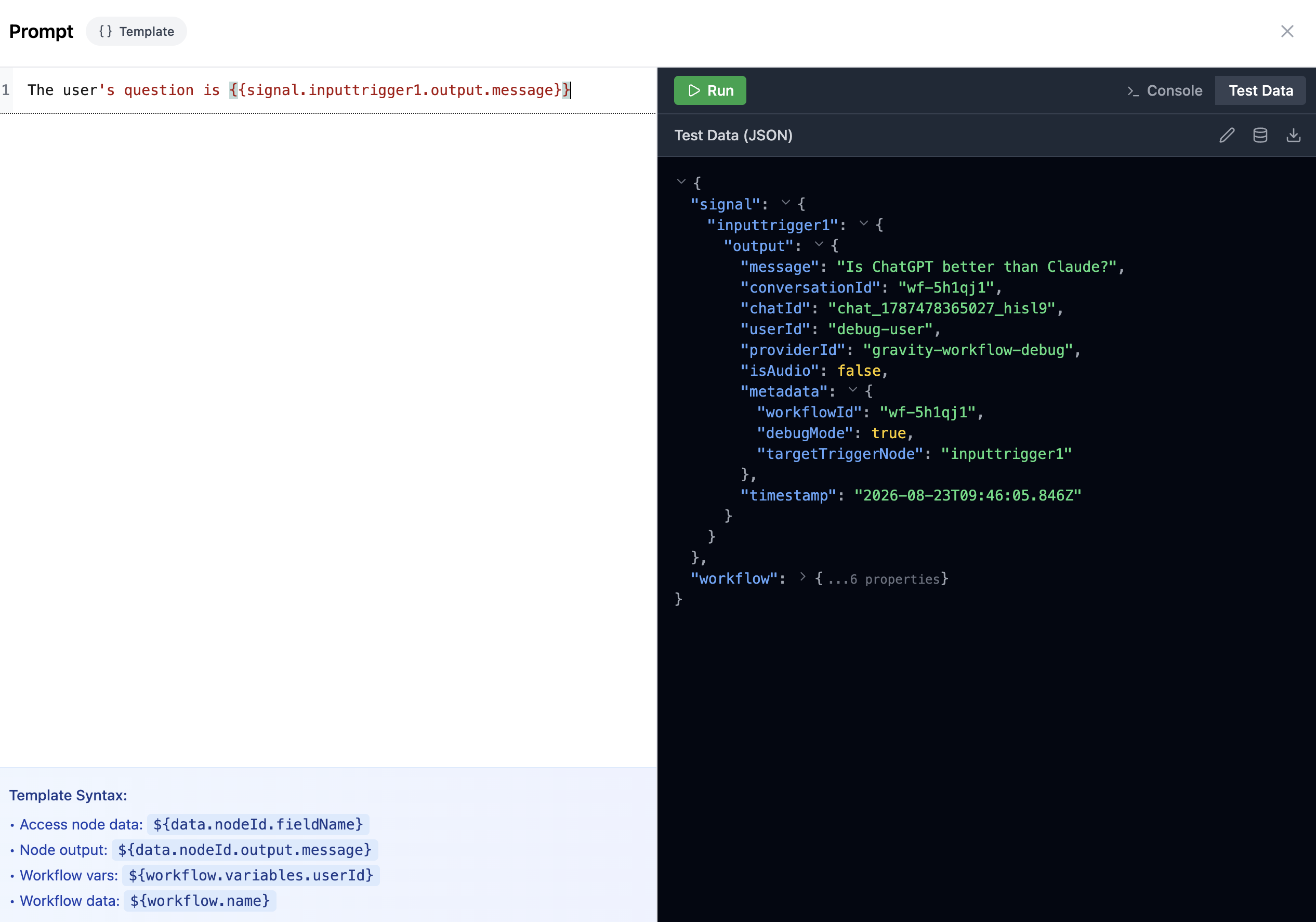 The prompt editor, with the template on the left and the test data on the right