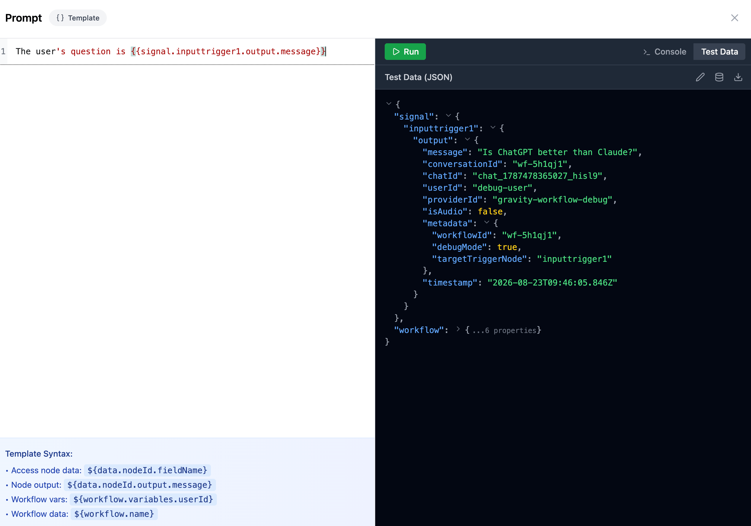 The prompt editor, with the template on the left and the test data on the right