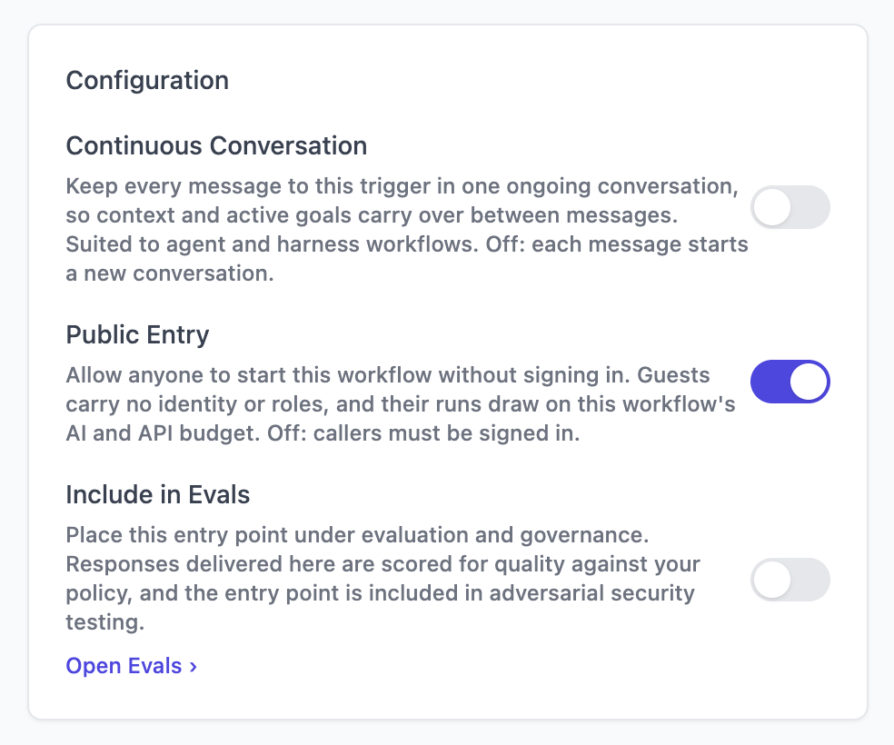 The Input Trigger's configuration, with Public Entry on