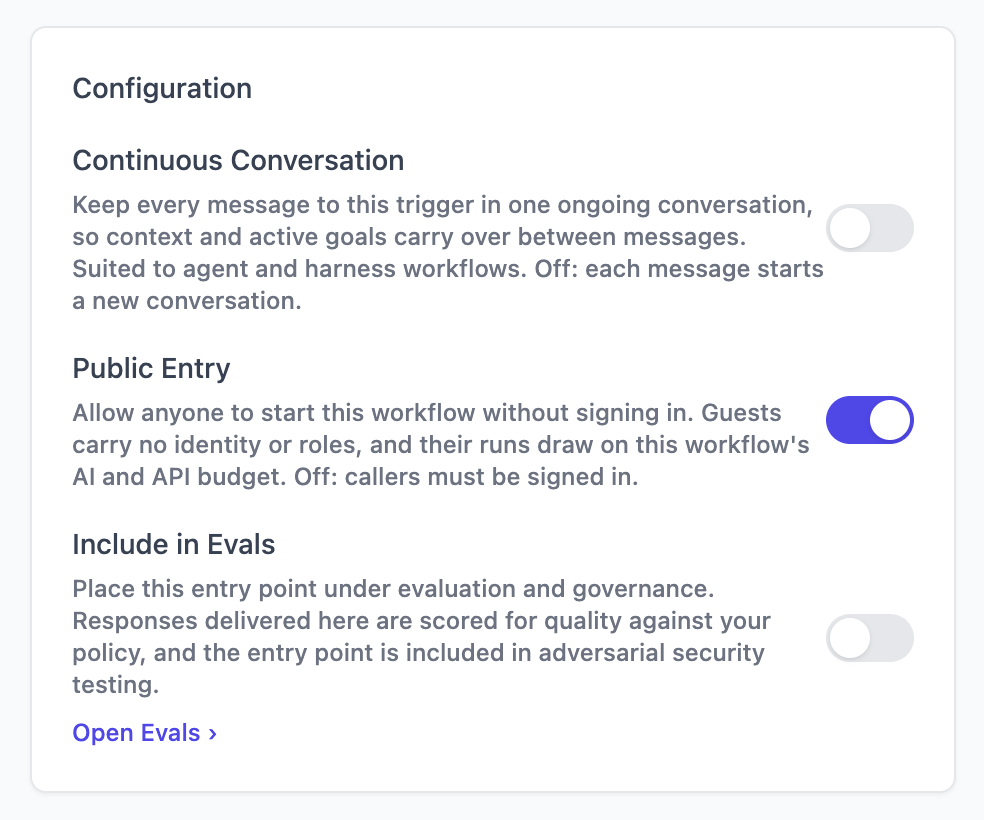 The Input Trigger's configuration, with Public Entry on