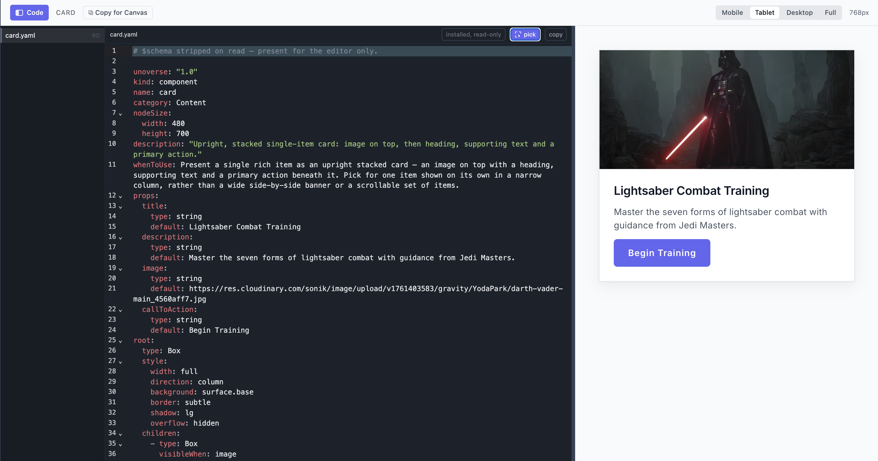 A component definition open in studio, with its code beside the live preview