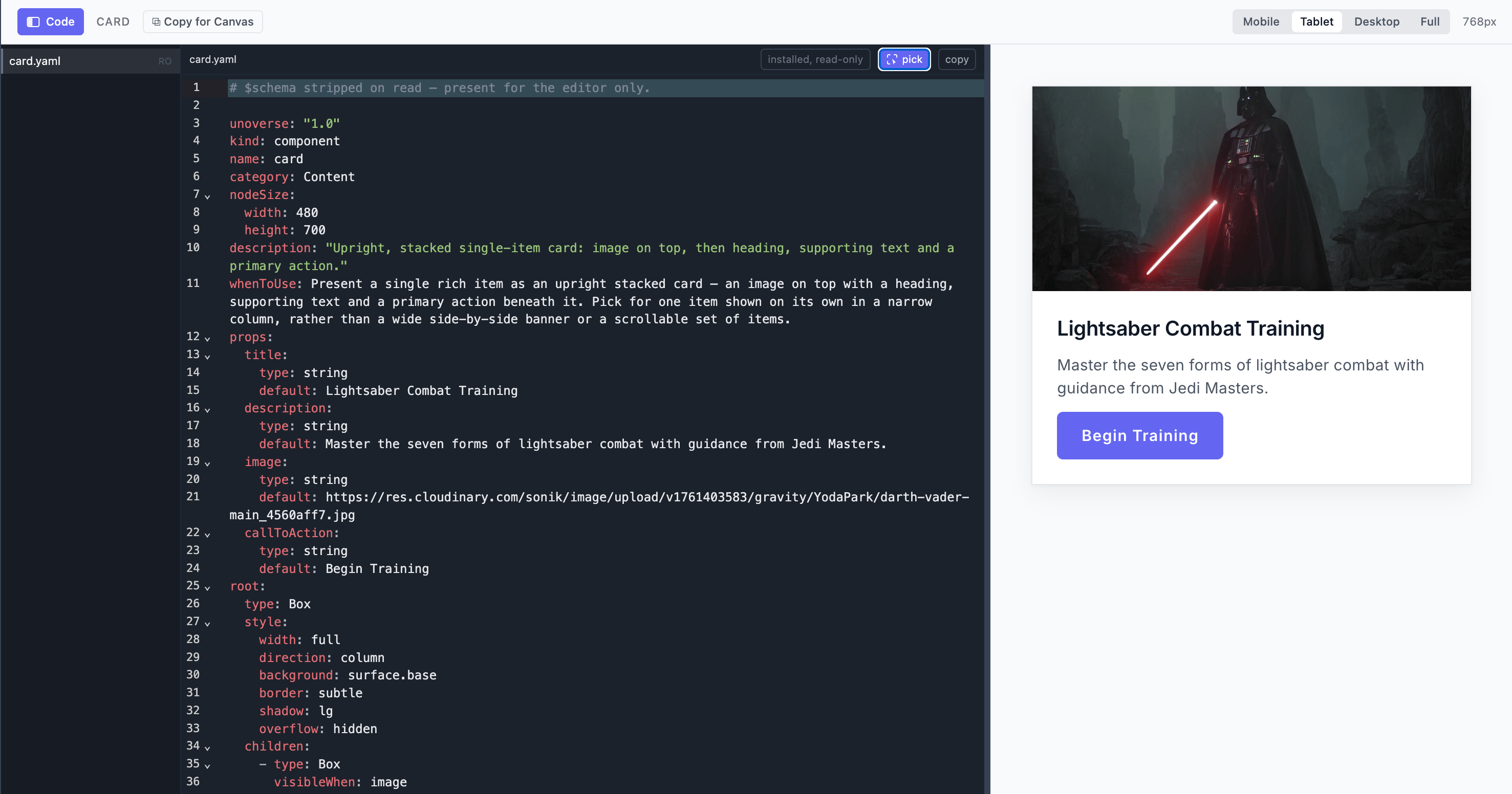 A component definition open in studio, with its code beside the live preview