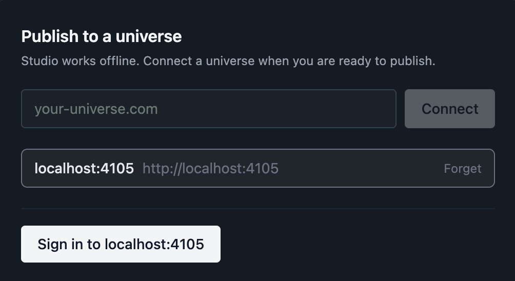 Studio's publish panel: connect a universe and sign in