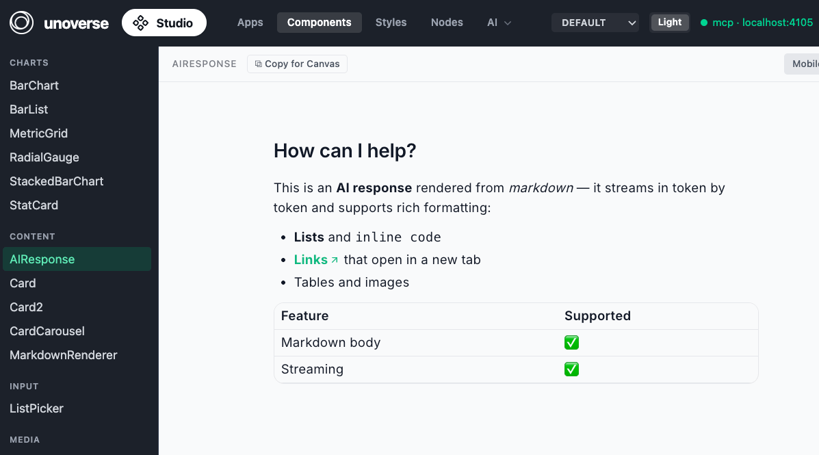 The StreamingText component in Studio with Copy for Canvas