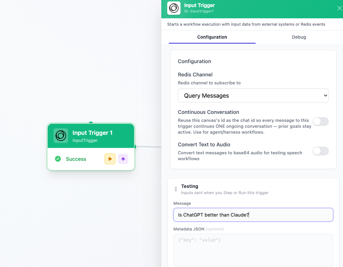 Setting a test message on Input Trigger