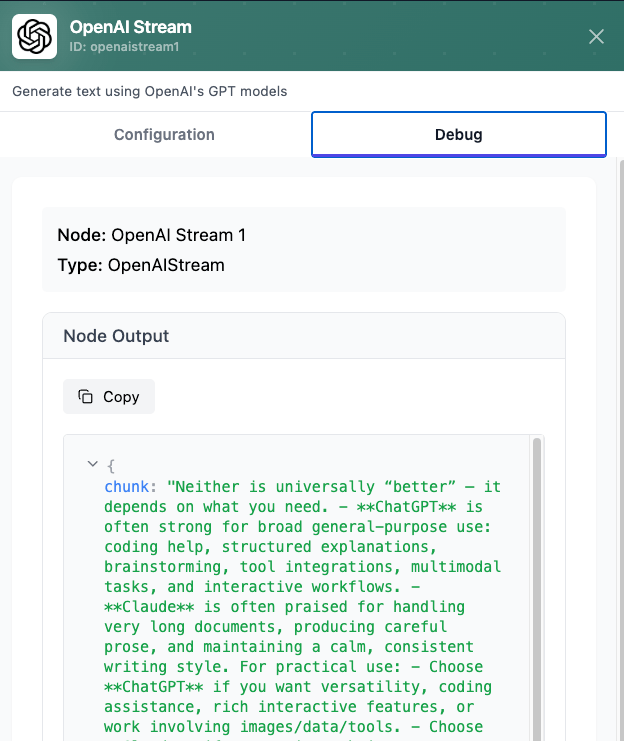 The Debug tab showing OpenAI Stream's output
