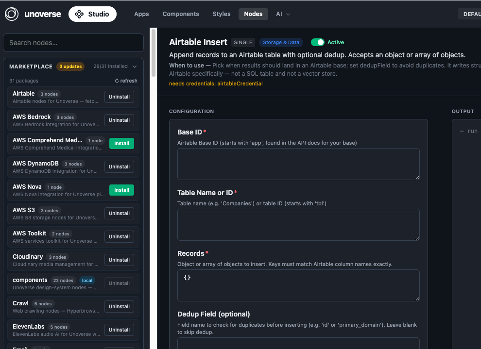 The marketplace in Studio's Nodes view