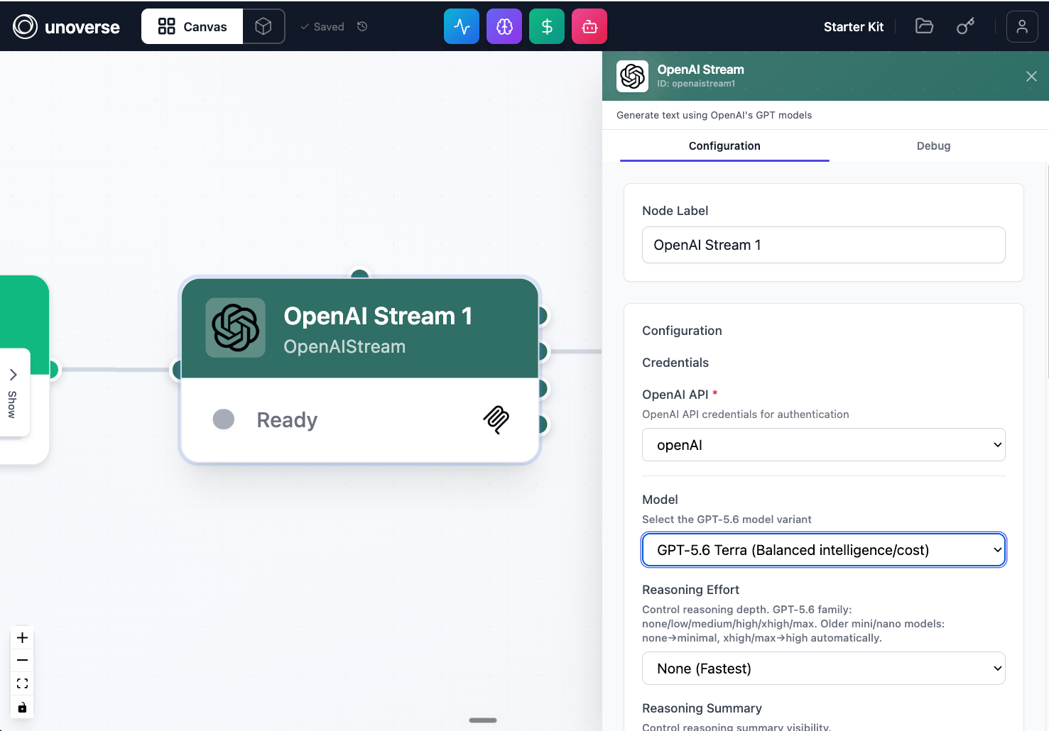 The OpenAI Stream settings panel