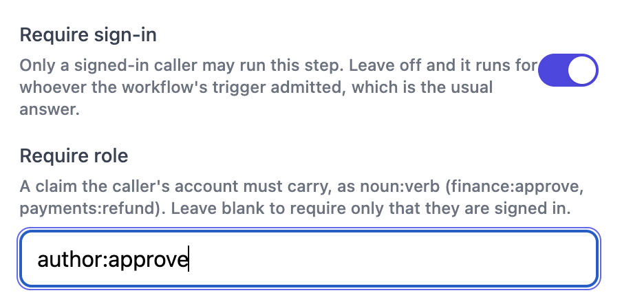 A node's Require sign-in toggle and Require role field in canvas
