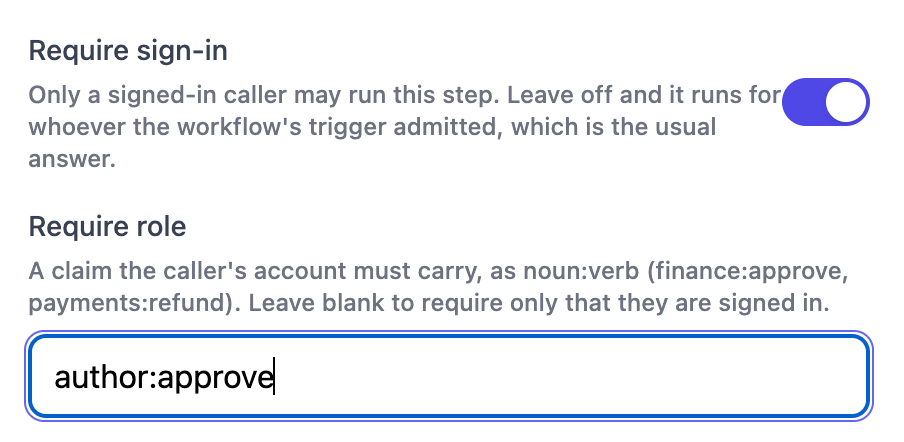 A node's Require sign-in toggle and Require role field in canvas