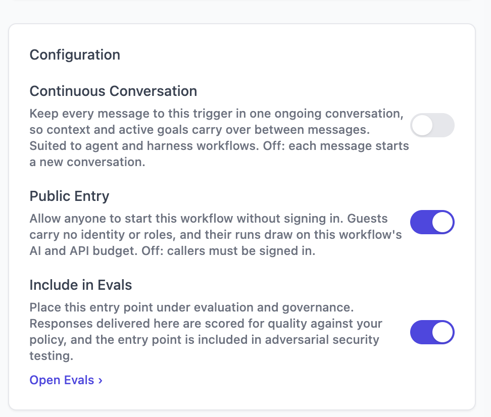 A trigger's configuration panel in canvas, showing the Public Entry toggle