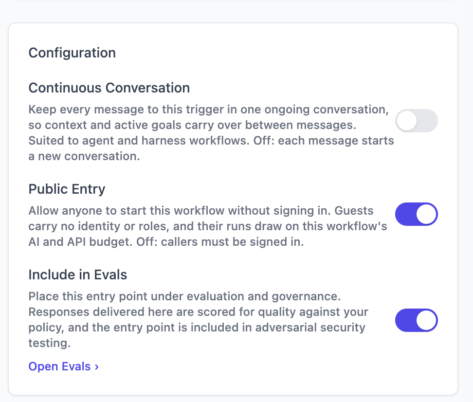 A trigger's configuration panel in canvas, showing the Public Entry toggle