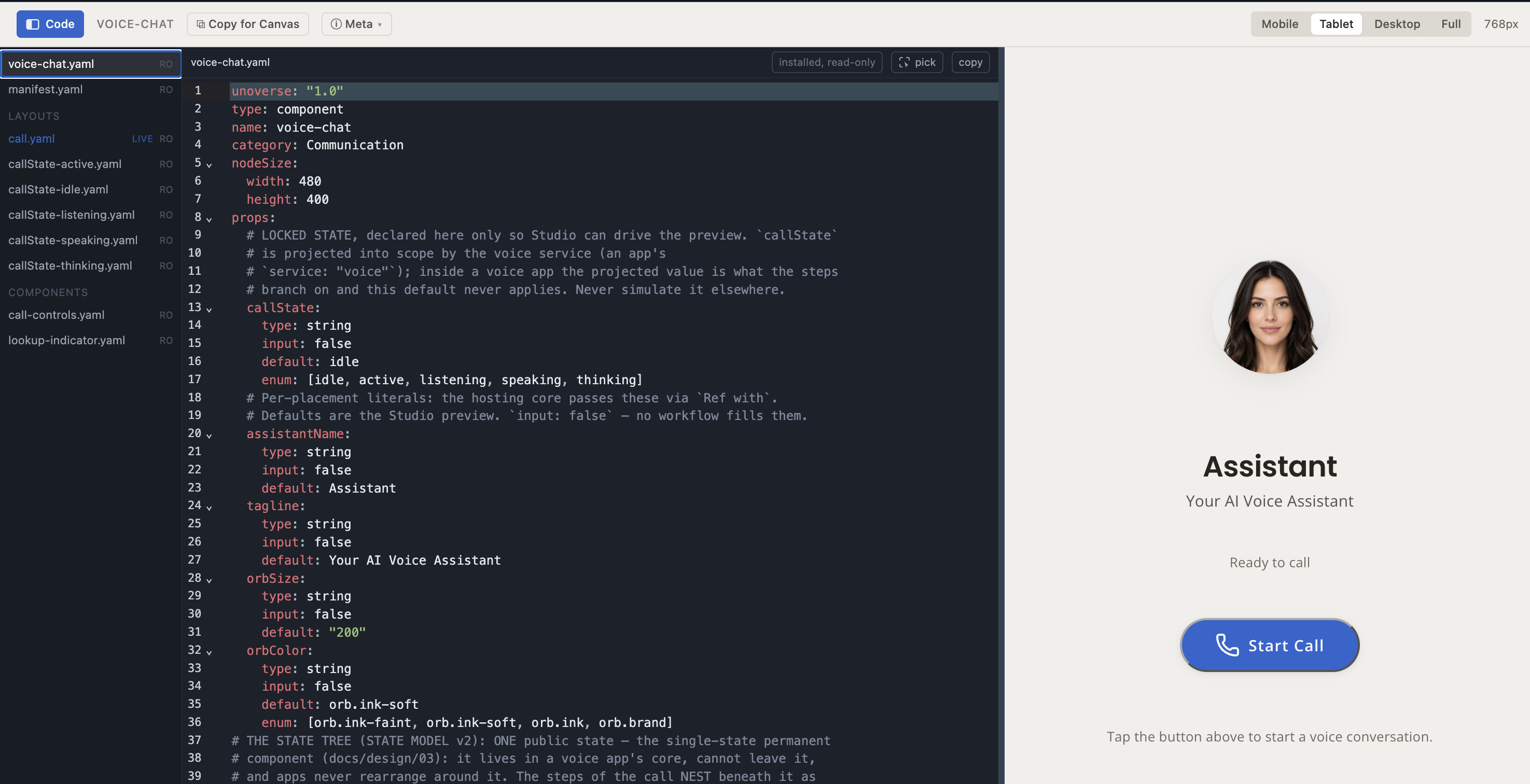 studio's code view showing voice-chat.yaml with its file rail of layouts and partials, and the rendered voice card beside it