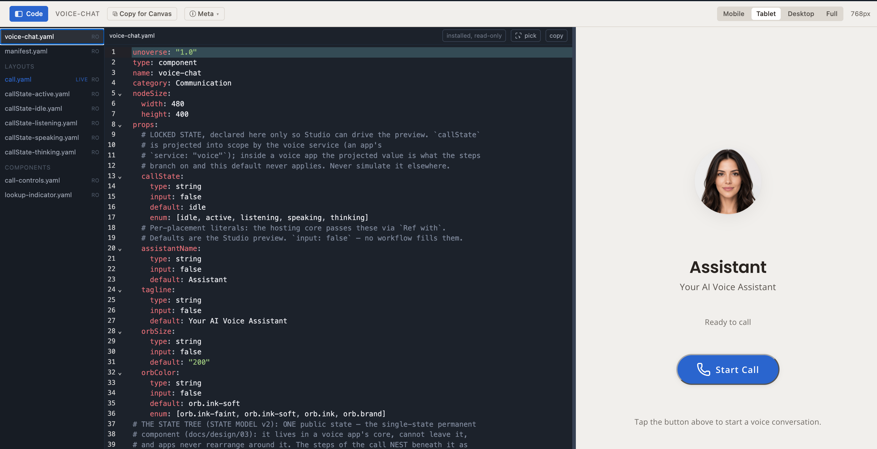 studio's code view showing voice-chat.yaml with its file rail of layouts and partials, and the rendered voice card beside it