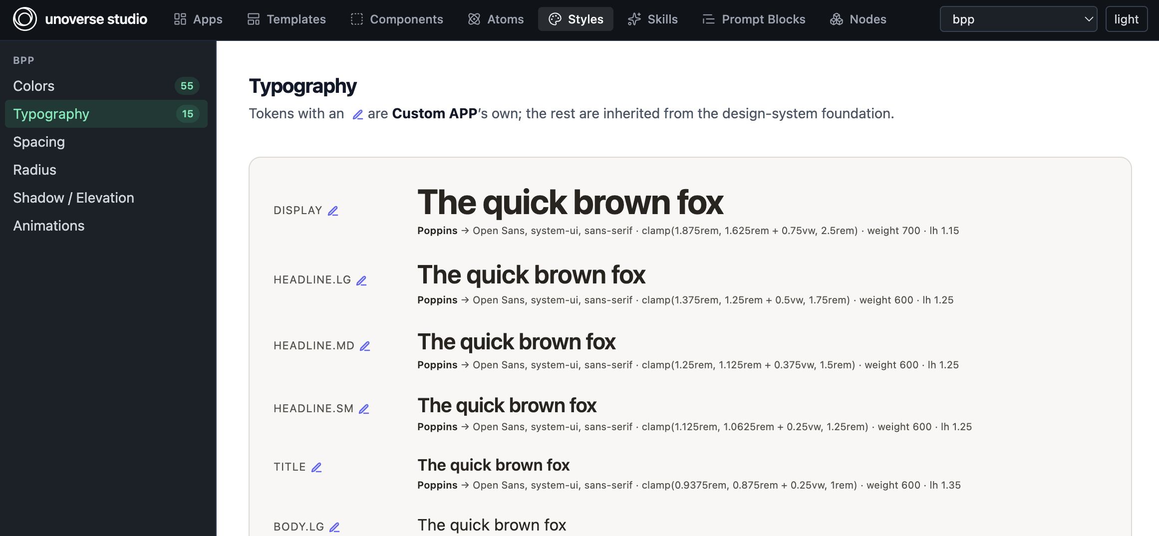 studio's Styles screen showing typography roles as live specimens, each with its resolved family, size, weight and line height