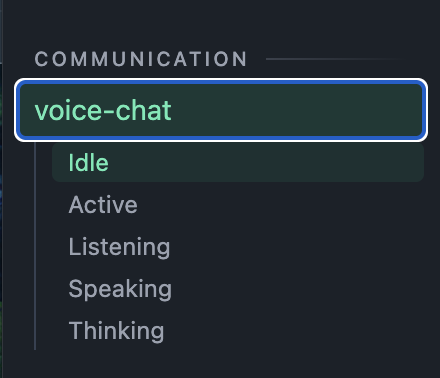 studio listing the voice-chat component with its substates Idle, Active, Listening, Speaking and Thinking