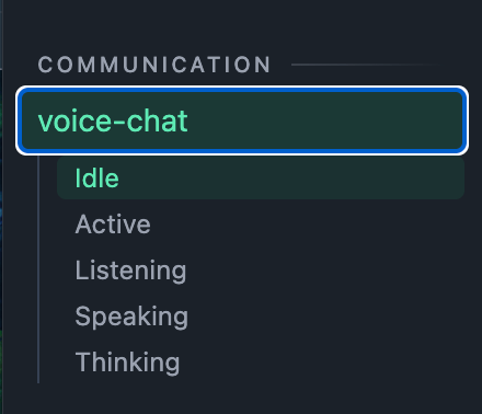 studio listing the voice-chat component with its substates Idle, Active, Listening, Speaking and Thinking