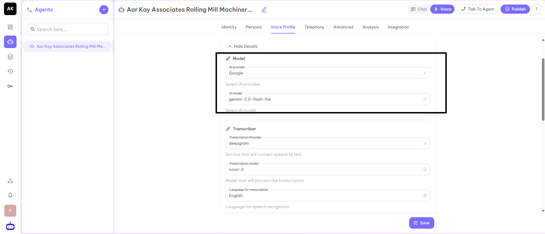 Model Configuration Screenshot