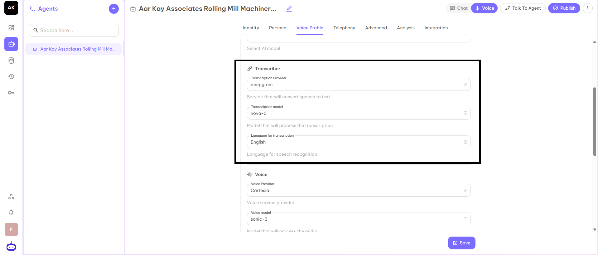Transcriber Configuration Screenshot