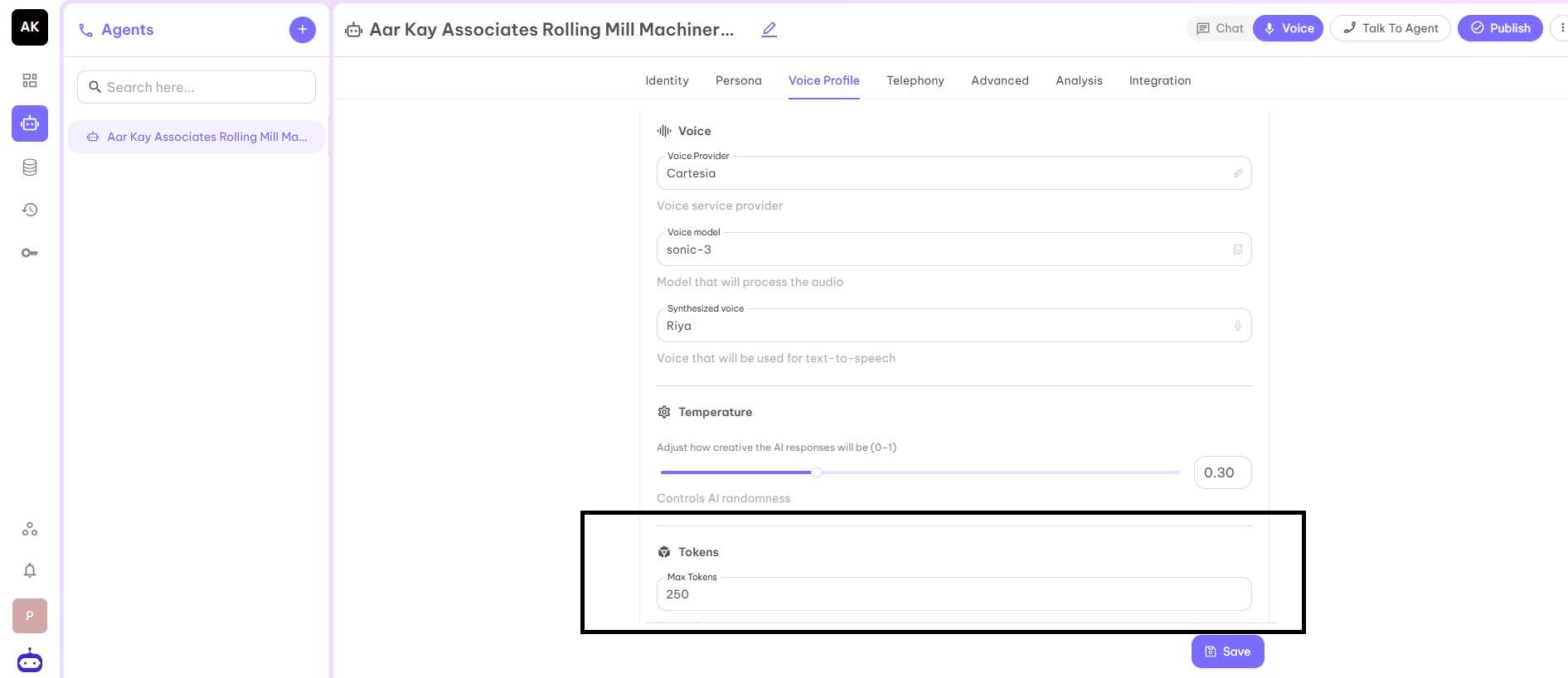 Max Tokens Settings Screenshot