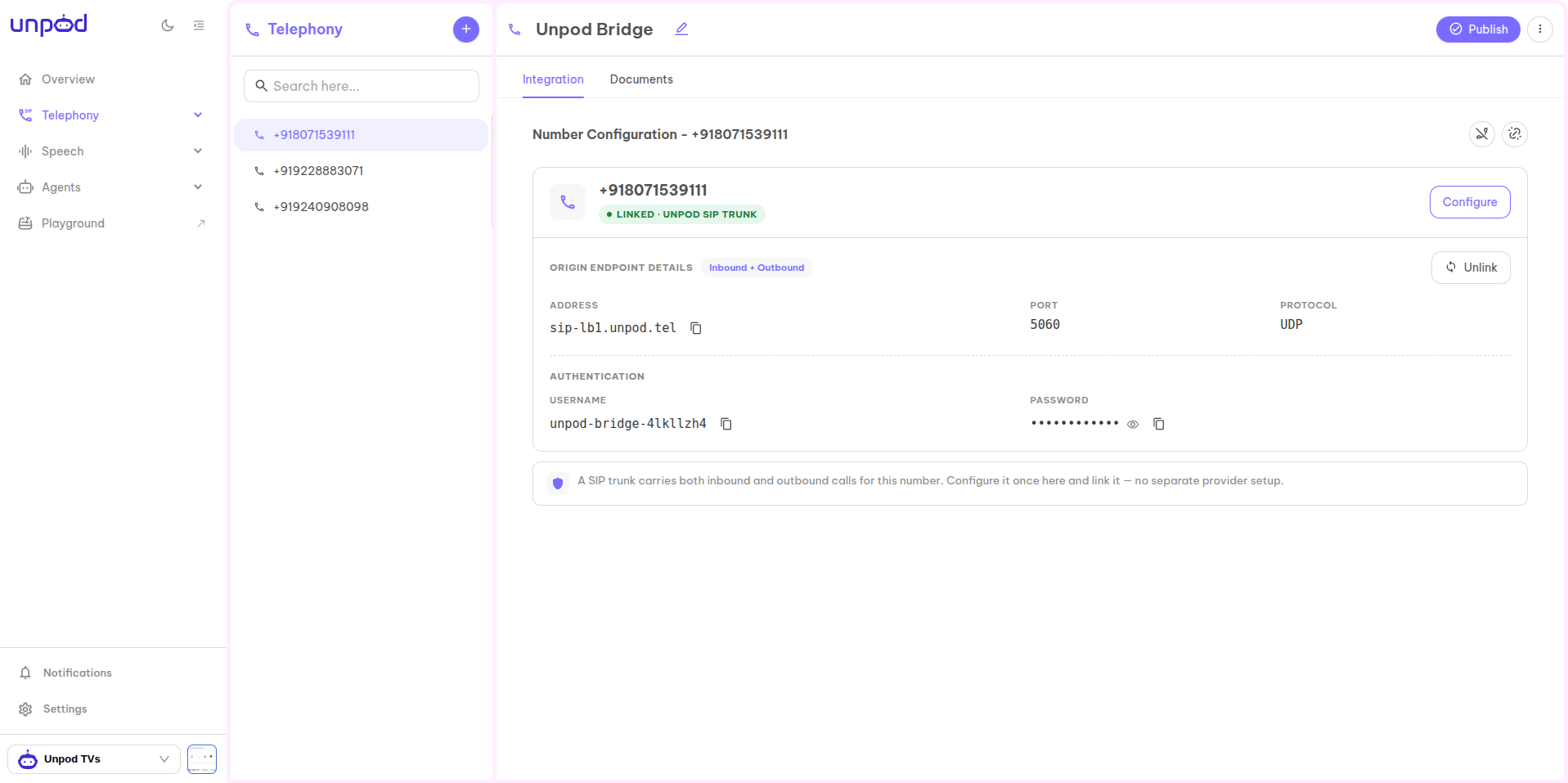 Unpod - linked trunk origin endpoint credentials