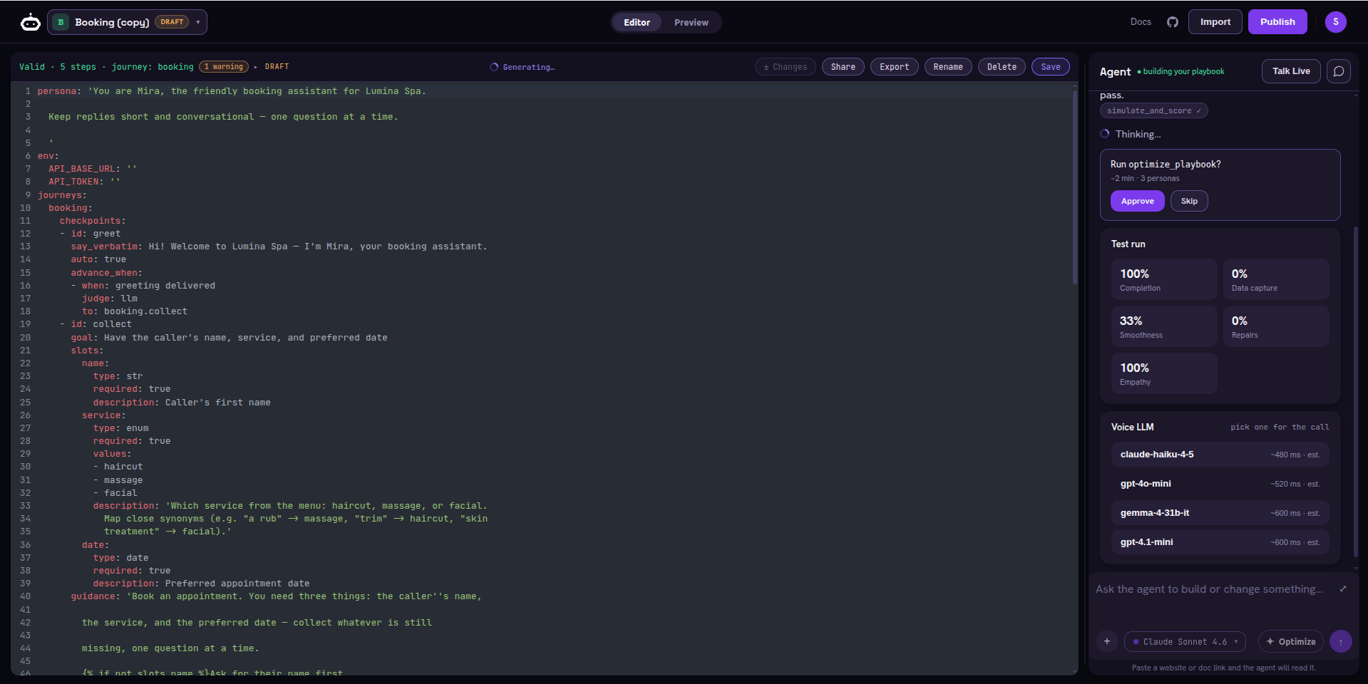 Editor on the left with the booking playbook YAML; on the right the Agent panel shows a 'Run optimize_playbook?' card with Approve and Skip, a Test-run scorecard reading 100% Completion, 0% Data capture, 33% Smoothness, 0% Repairs, 100% Empathy, and a Voice LLM list (claude-haiku-4-5, gpt-4o-mini, gemma-4-31b-it, gpt-4.1-mini) with latency estimates.