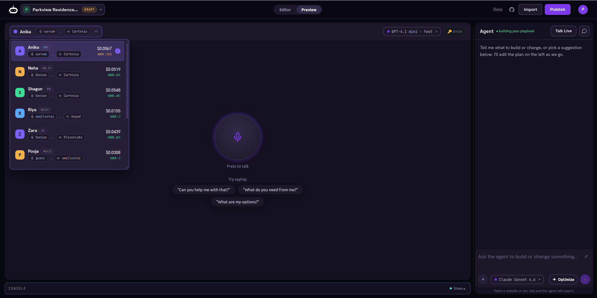 Preview voice test: a voice profile dropdown listing Anika, Neha, Shagun, Riya, Zara, Pooja - each with a language tag, STT and TTS provider, cost per turn, and WER - next to a large Press to talk mic orb with 'Try saying:' chips.