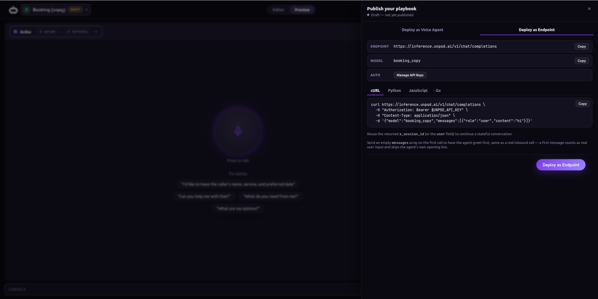 Publish drawer on the Deploy as Endpoint tab, showing the inference.unpod.ai endpoint, a public: model id, Manage API Keys, and cURL / Python / JavaScript / Go code tabs.