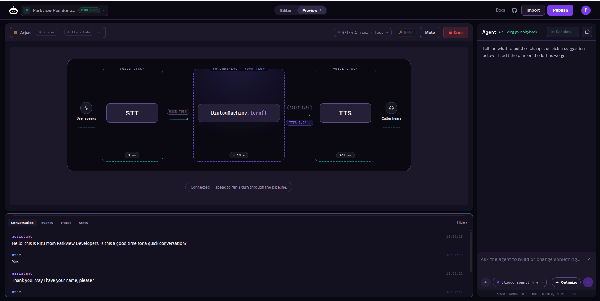 Preview tab showing the voice pipeline in action