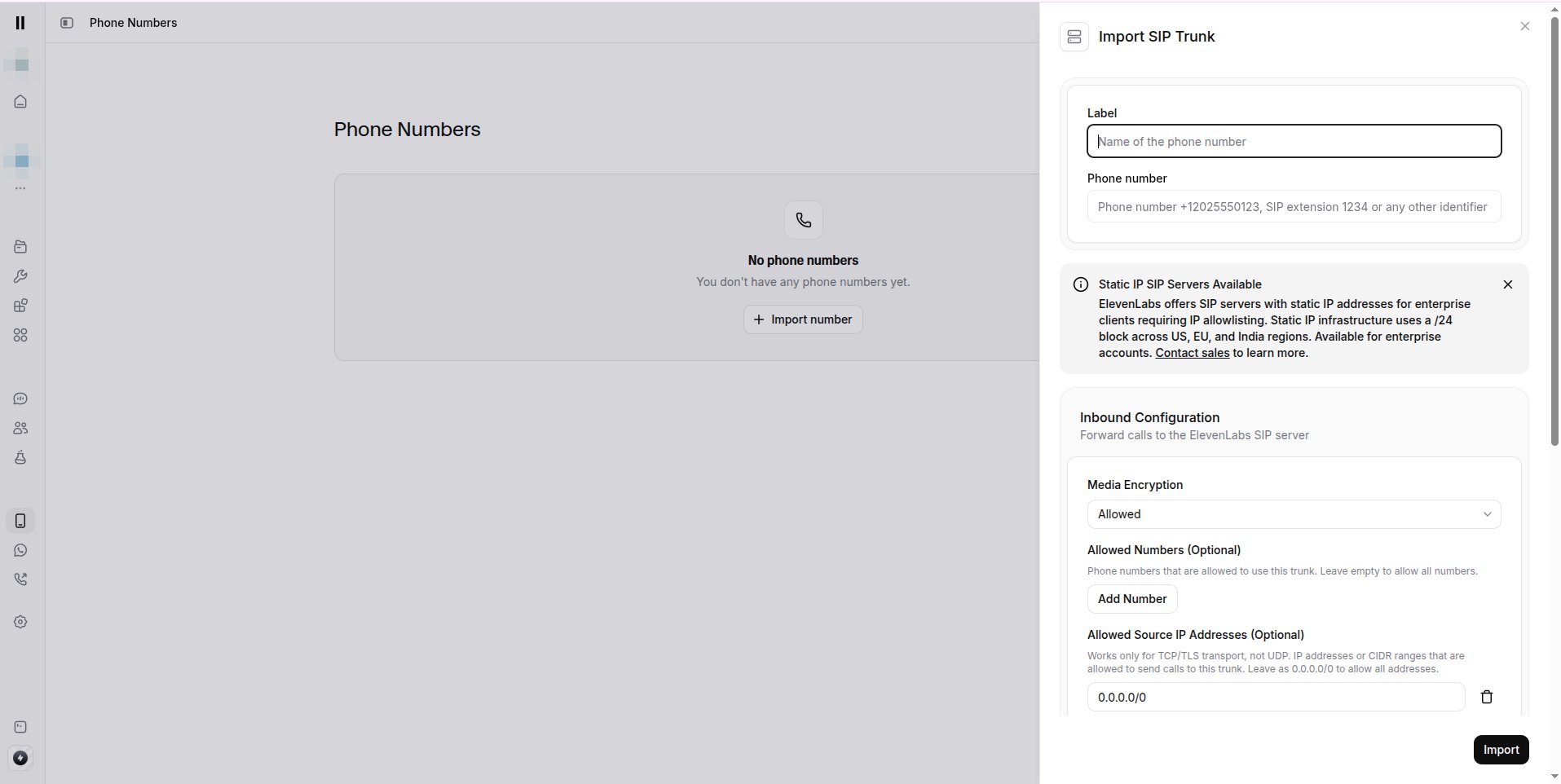 ElevenLabs - Import SIP Trunk panel